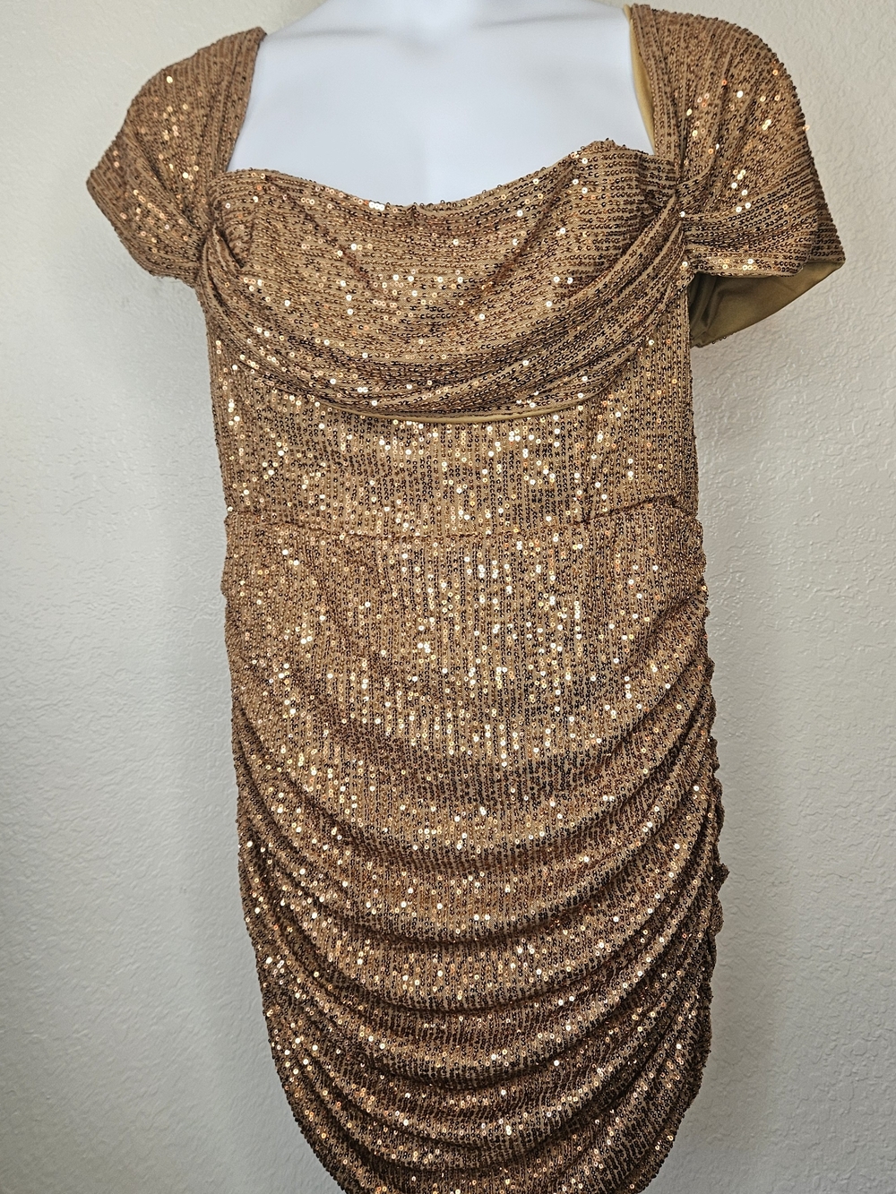 PrettyLittleThing Bronze Sequin Draped Mini Dress - Picture 4 of 6